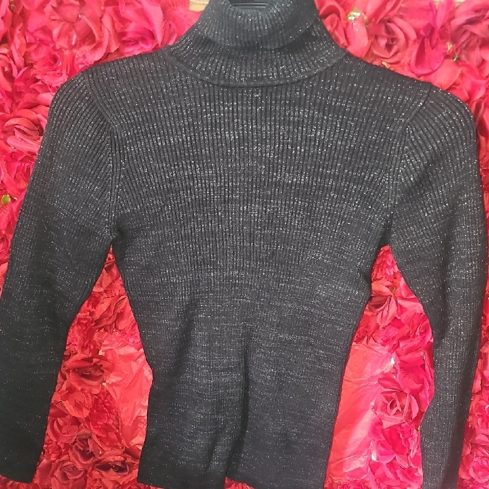 Basic Editions Women's Black Ribbed Sparkly Turtleneck Sweater Size Medium